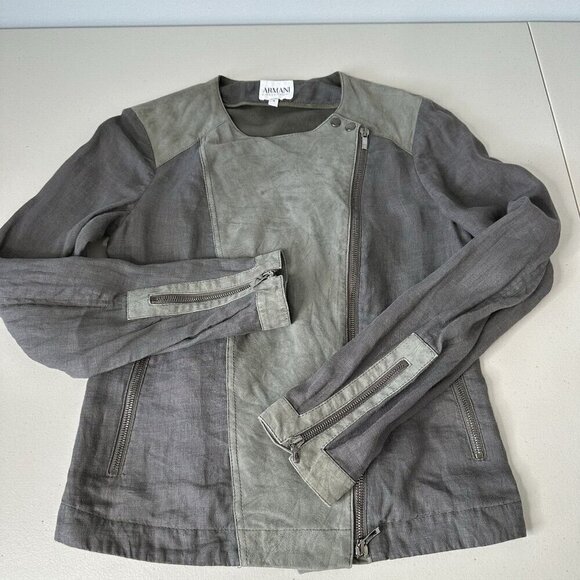 Armani Collezioni Linen Suede Jacket Size 4 Gray Full Zip Patchwork - Picture 5 of 15